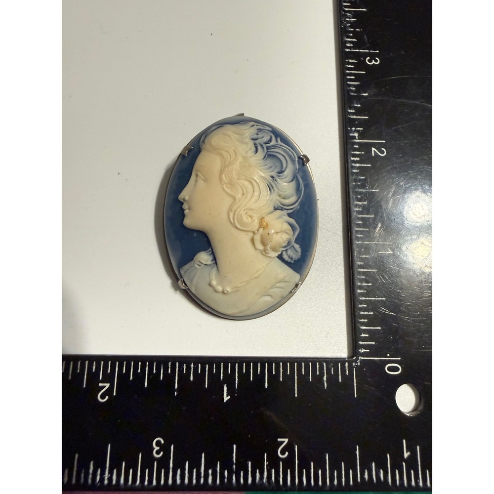 Blue White Cameo Brooch Pendant‎ Silver Tone Lady Profile Pin Jewelry